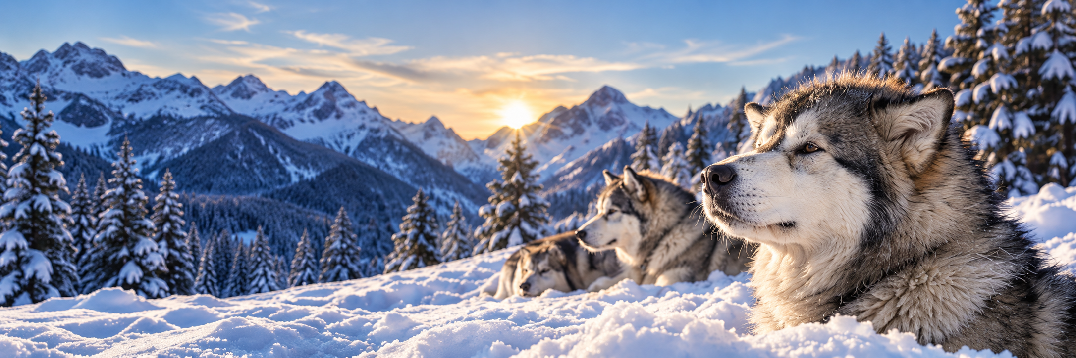 Trois malamutes dans la neige devant les montagnes baignées de lumière